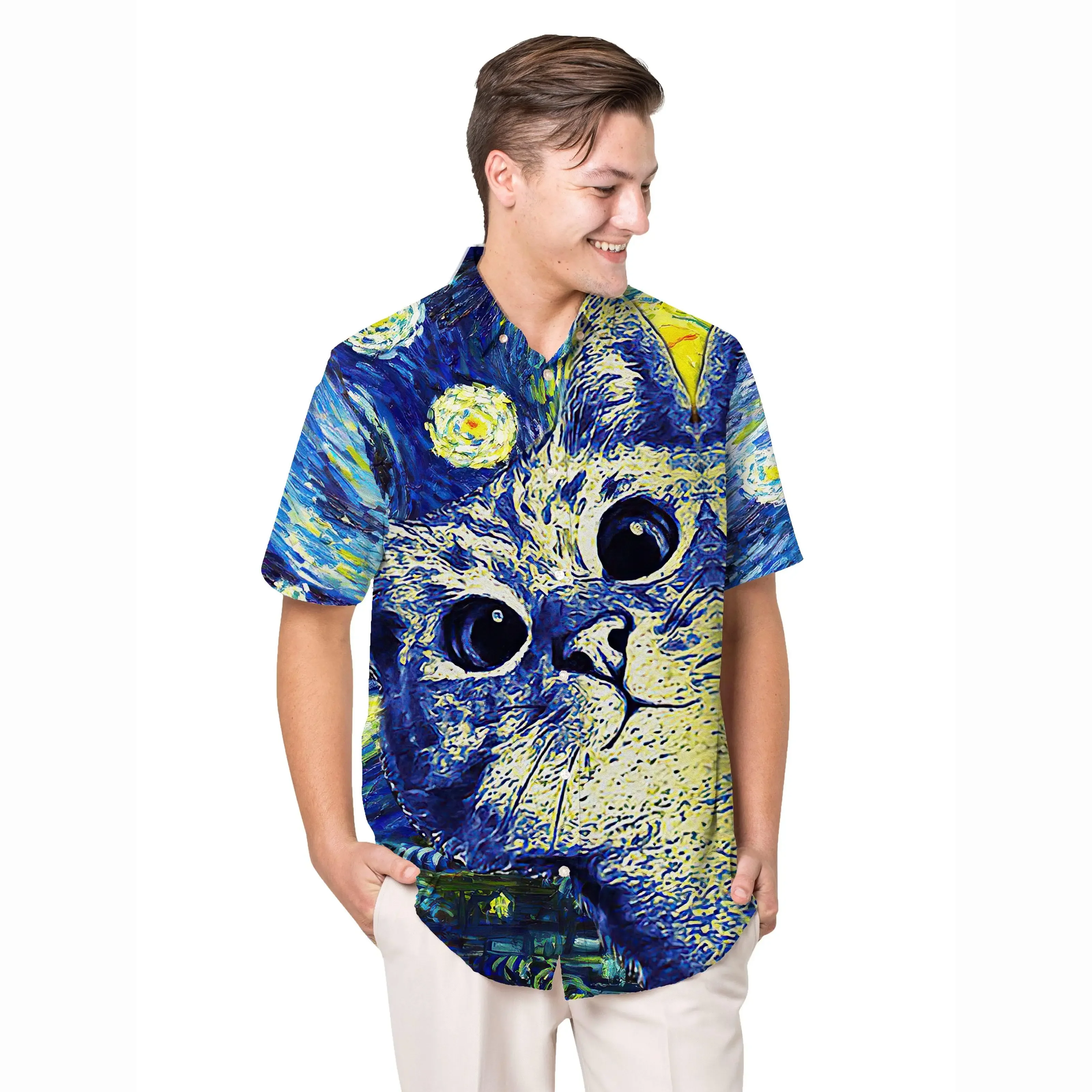 Jumeast Van Gogh Style Pattern Hawaiian Shirt The Starry Night Cat Graphic Aloha Shirts Tropical Casual Man Clothing Beach Top