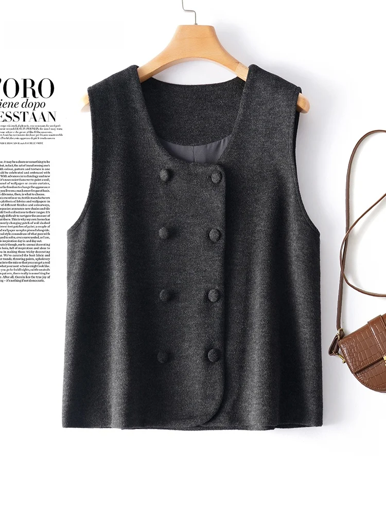 

Deep ey Woolen Vest Women's Autumn Winter New Sle Double Button round Ne Svel Versatile Outerwear Faionable Com...