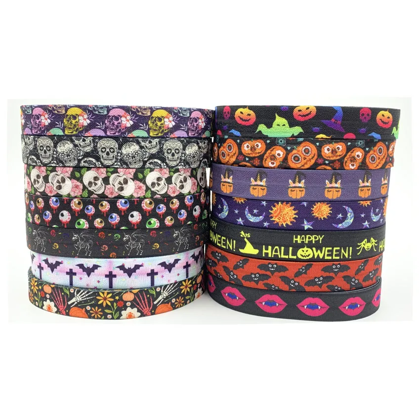 Ribbon Wholesale 5/8'' Halloween Pumpkin Skull Bat Sport Printed Fold Over Elastic FOE for Hair Ties