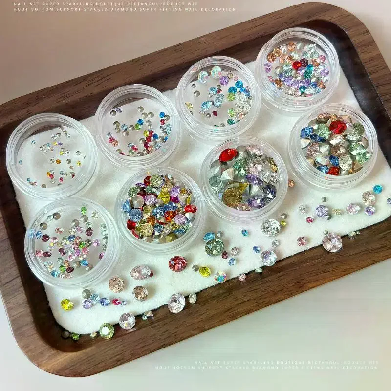 1 Box Mixed-Size Mini Pointed-bottom Round Nail Rhinestone Shiny Luxury Nail Crystal DIY Nail Art Decoration Gems Accessories