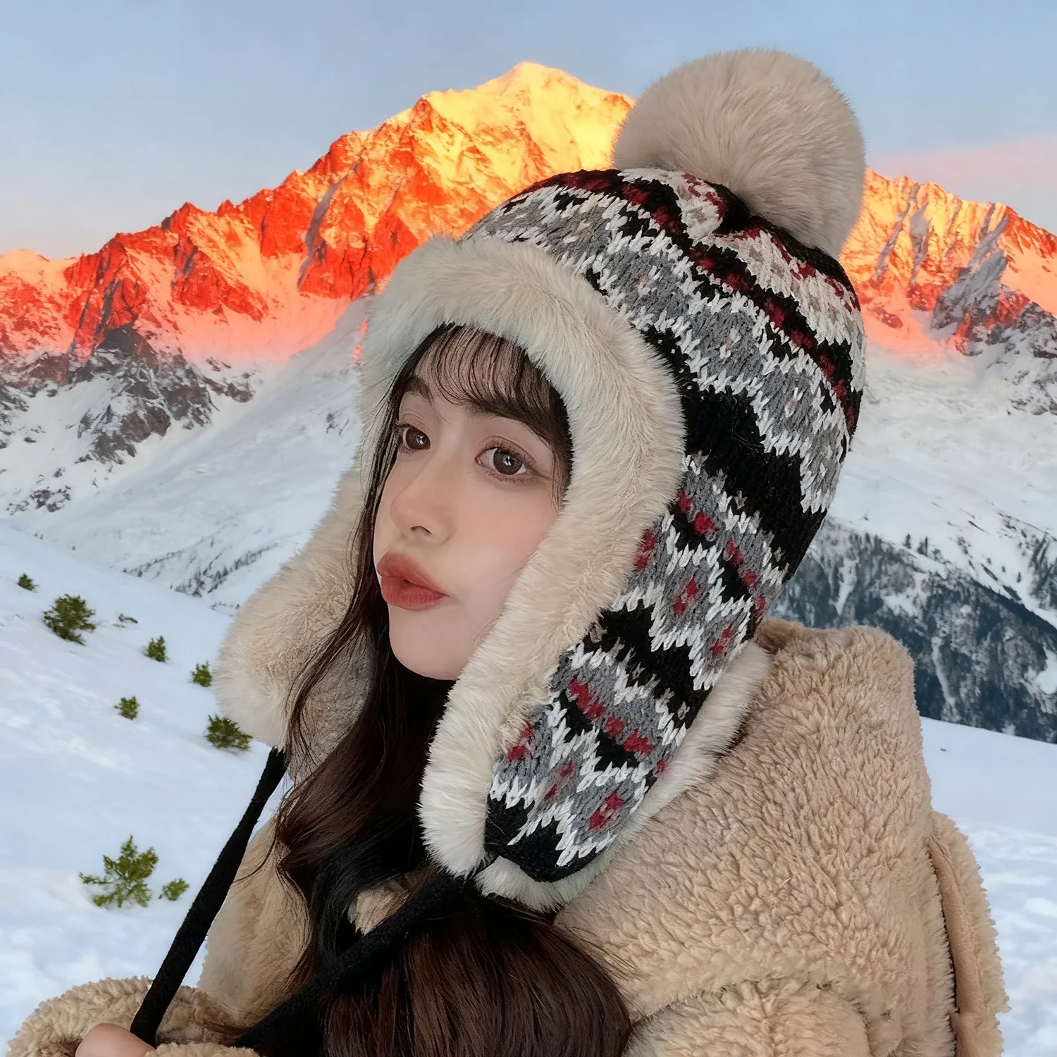

Women Winter Thieken Knitted Wool Cap Girls Ethnic Pompom Soft Warm Hats Outdoor Sports Skiing Fleece Ear Protection Hats