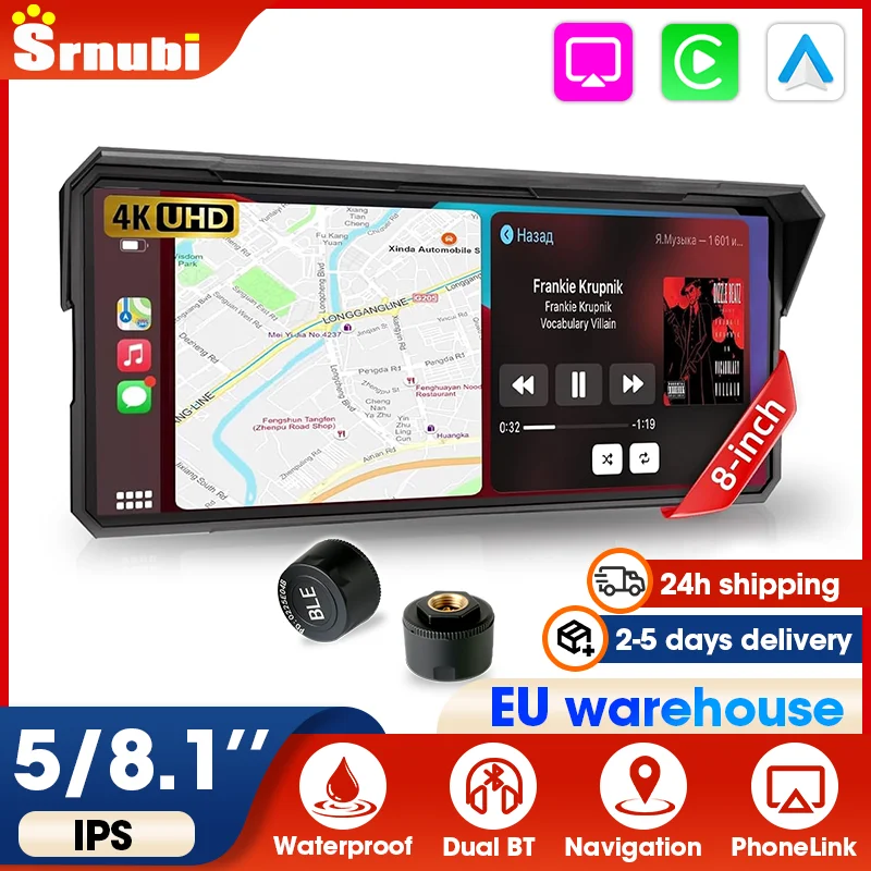 Srnubi 8.1'' Enregistreur vidéo de moto 4K DVR IP67 Écran étanche Navigation GPS Sans fil Carplay Android Auto Enregistreur vidéo Moniteur moto