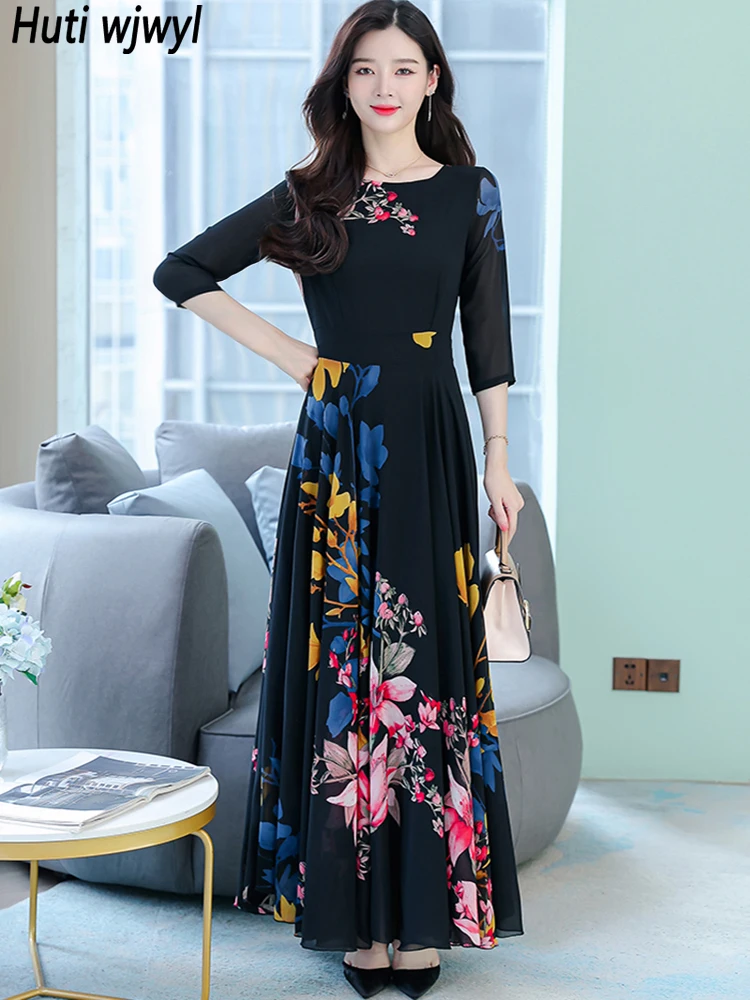 

Spring Autumn Black Floral Casual Beach Maxi Dress Elegant Women Luxury Chic Prom Long Dress 2024 Bodycon Party Midi Night Dress