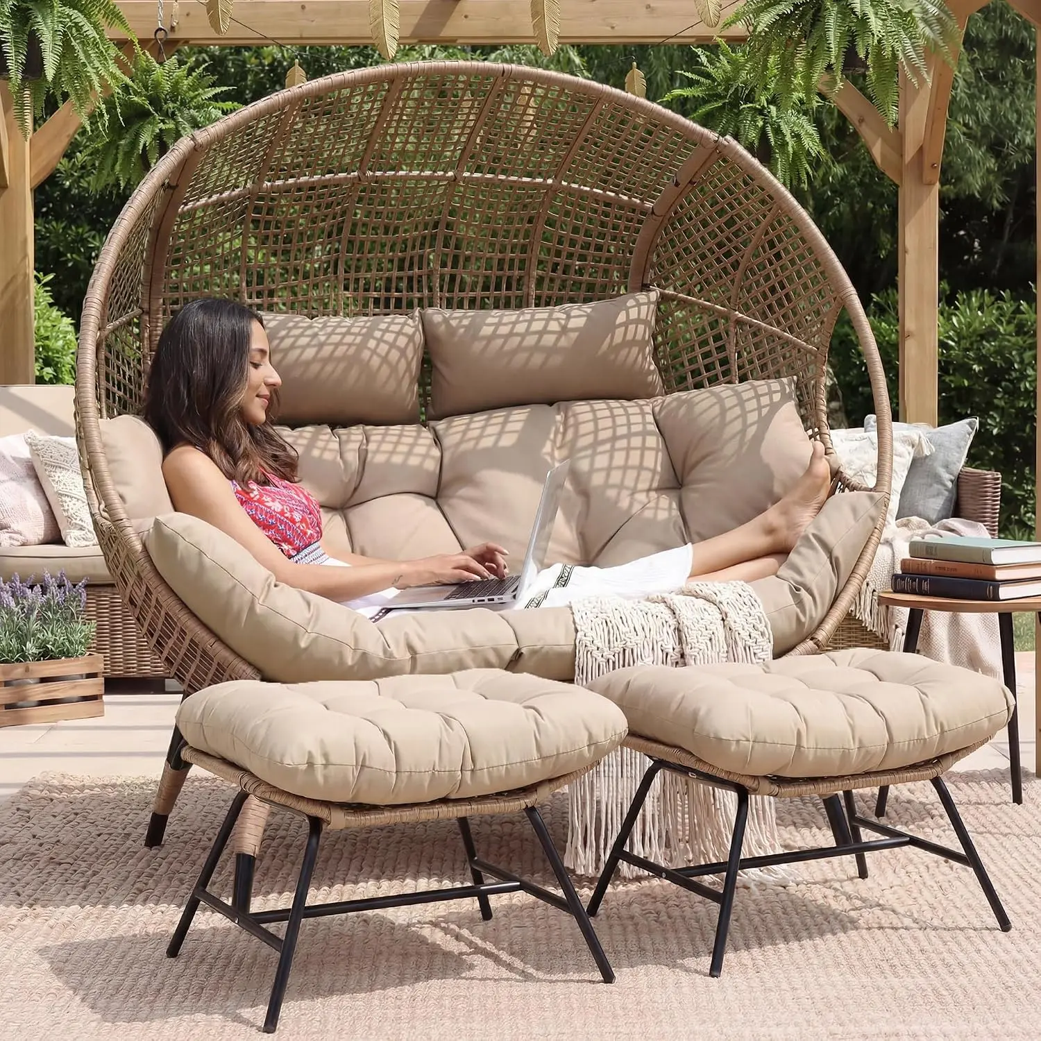Double Egg Chair with Footstools & Cushions, Oversized Wicker Boho Chair Extra Large with Footrests Stationary 2 Person Loveseat