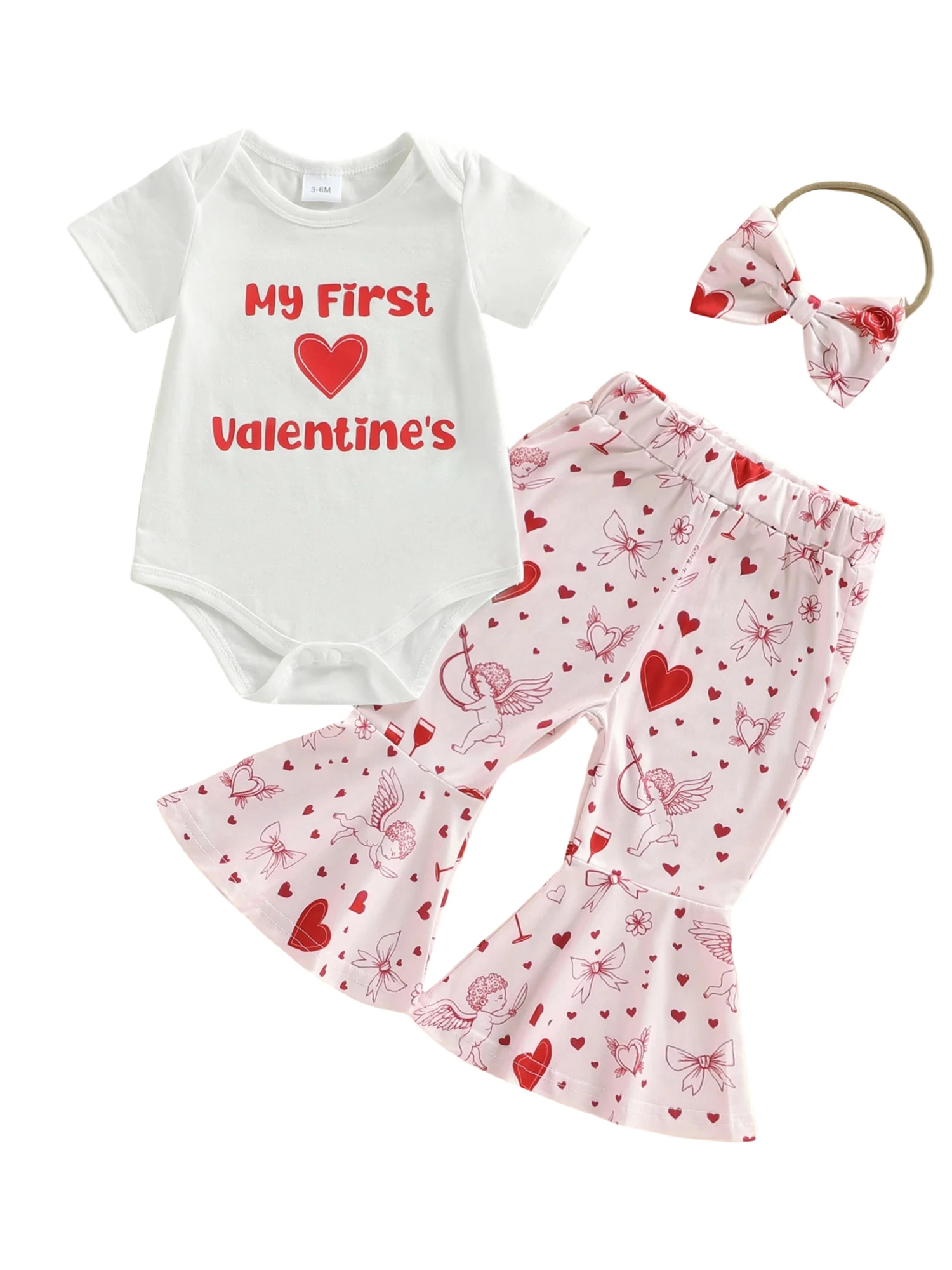 

Infant Girls Heart Print Romper with Ruffle Pants and Matching Headband Set Valentine s Day Outfit for Newborns