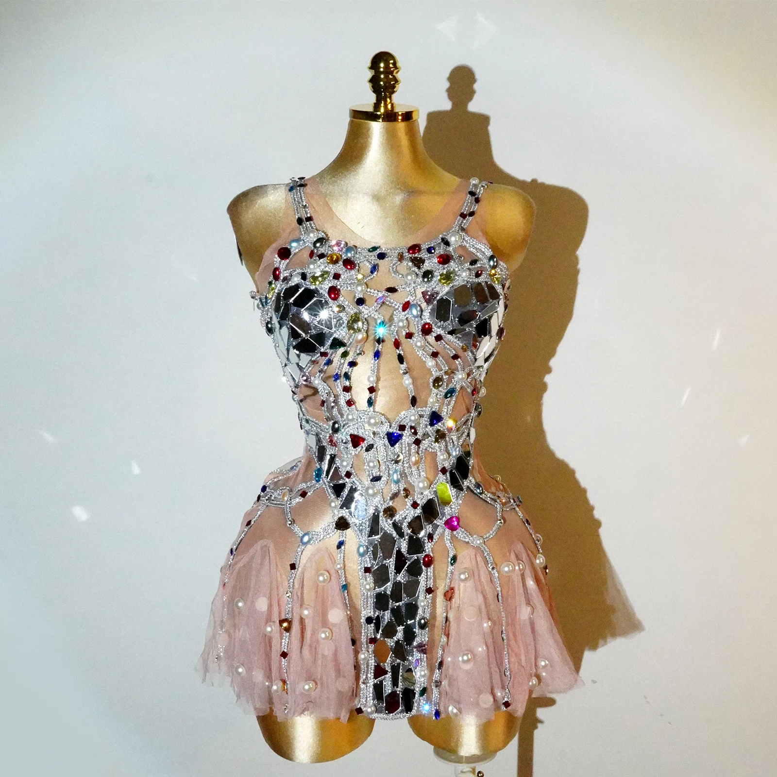 Heavy Industry Design Sexy See-through Crystal Mirror Dress Pearl Birthday Party Nightclub Drag Queen Stage Performance Costume