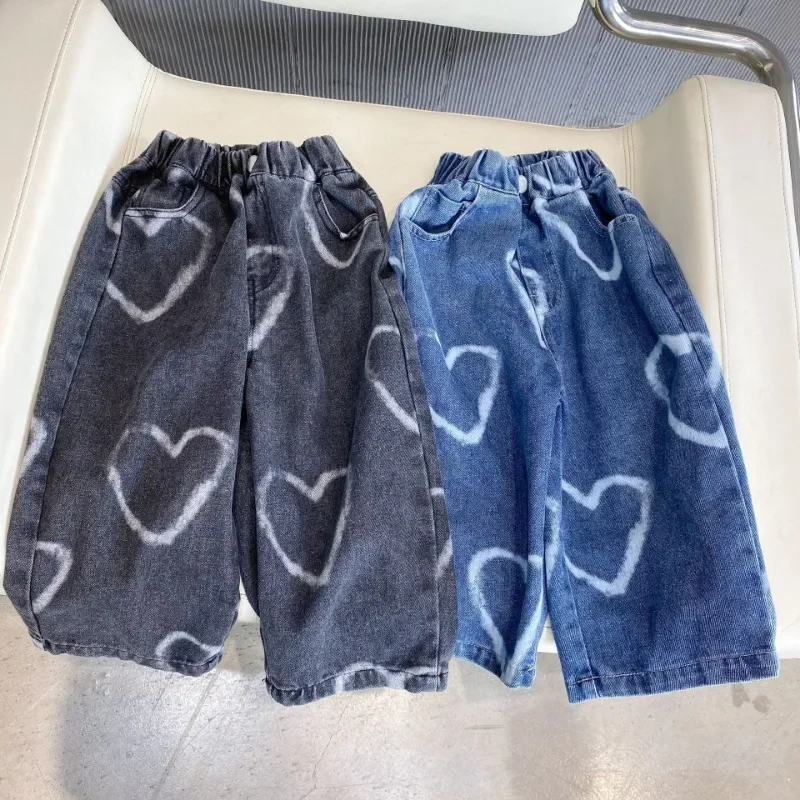 Baby Jeans Pants 1-11Y Children's Straight Loose Heart Design Boy Girls Spring Autumn Clothing School Party Sport Denim Trousers