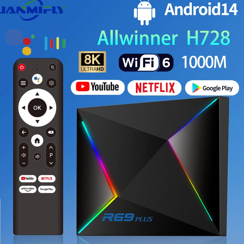 R69plus TV Box Android 14.0 Allwinner H728 2GB/4GB RAM 16GB 32GB/64GB BT5.0 Wifi6  Ethernet1000M 8K HDR Media Player Set Top Box