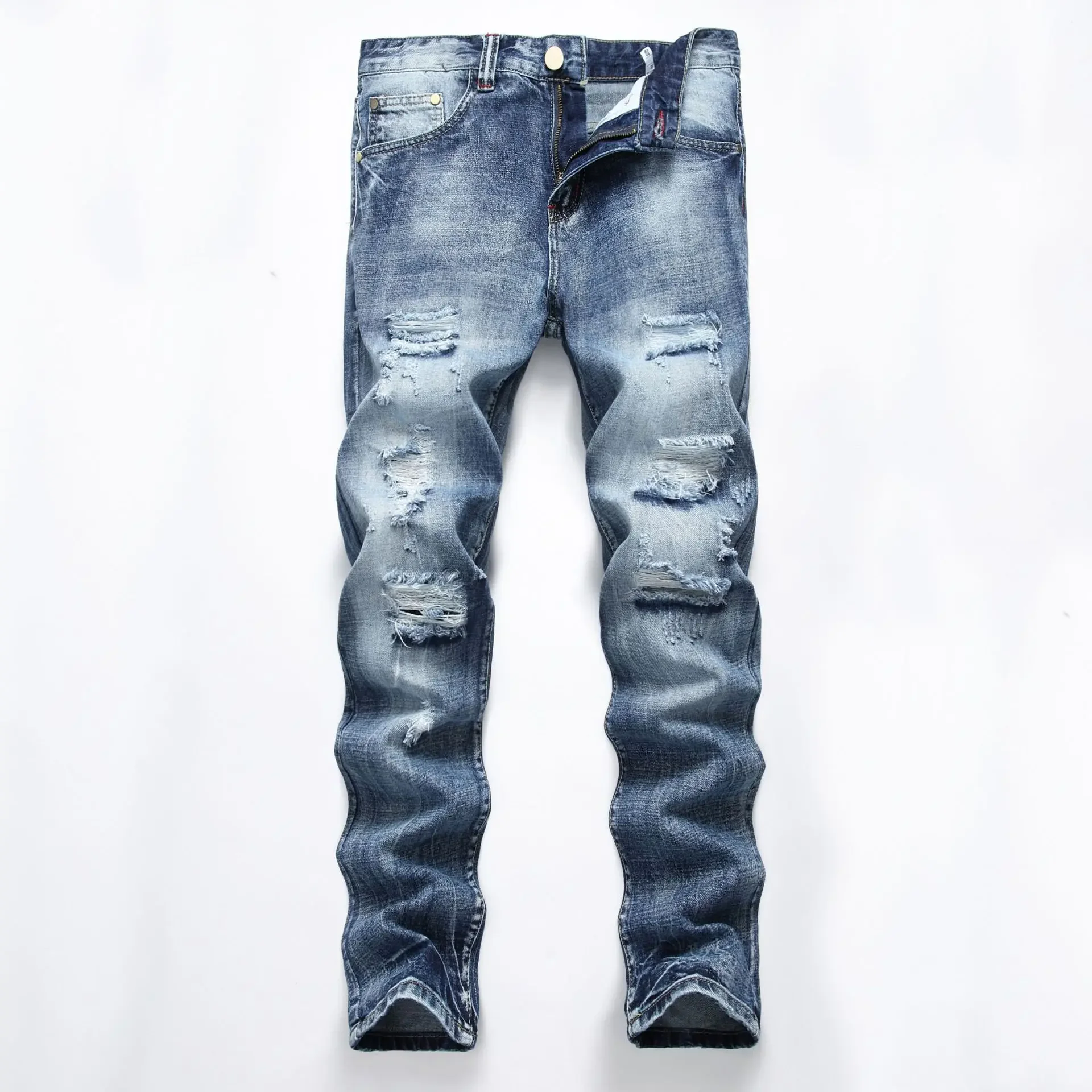 Streetwear buraco jeans para homens 2024 outono tornozelo comprimento calças magro lavado denims meados de cintura estiramento calças lápis retas