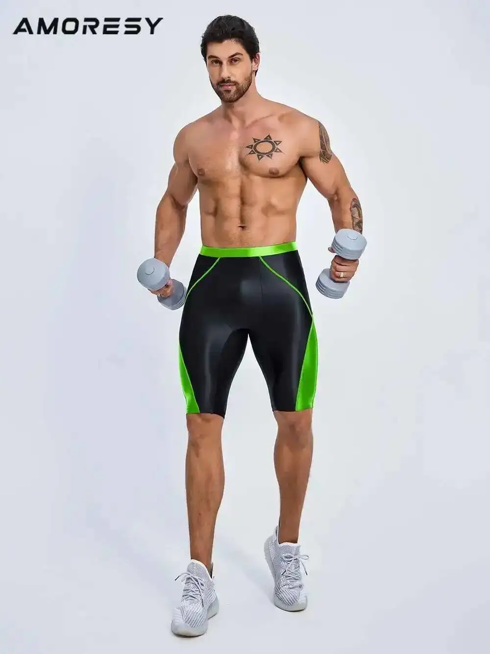 شورت جري أسود للرجال من الساتان اللامع للياقة البدنية في الهواء الطلق، مقاس كبير، قيعان رياضية