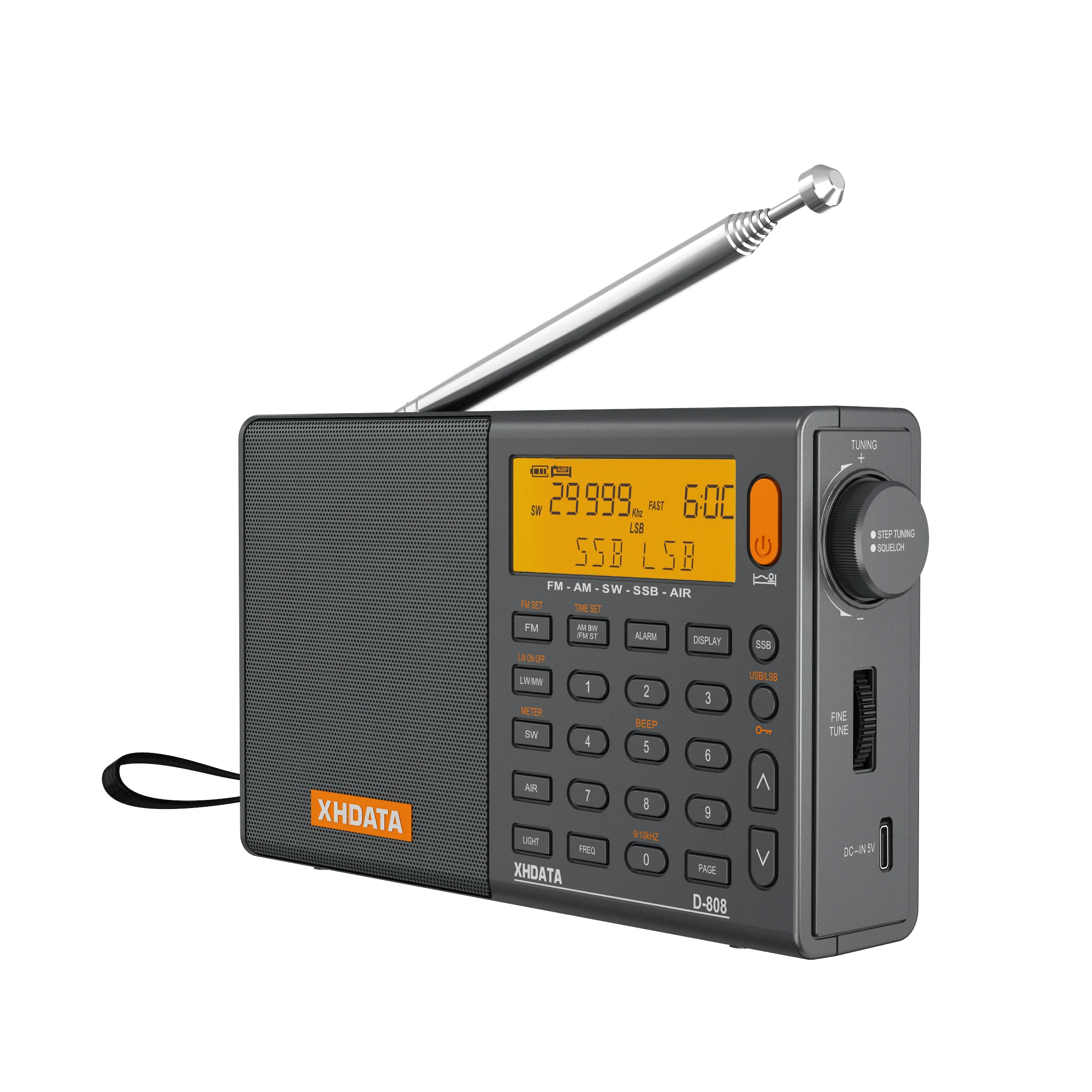 XHDATA D-808 Rádio Portátil AM/FM/SW/MW/LW SSB AIR RDS Alto-falante de rádio com display LCD Despertador Rádio Estéreo D808