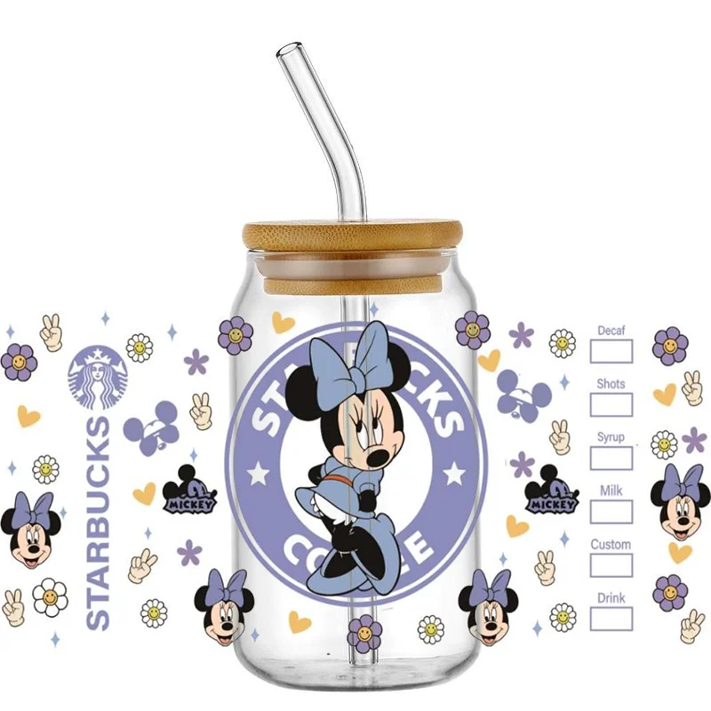 Miniso 3D UV DTF Transfers Sticker Mickey and Minnie Decal Cup Wrap for 16oz Libbey Glasses DIY Washable Mug Sticker