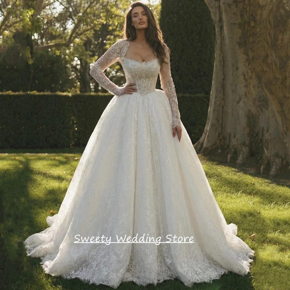 

Luxury Wedding Dress Customized Long Sleeves V Neck Beading Applique Lace Sweep Train Corset Bridal Gown for Woman Bride