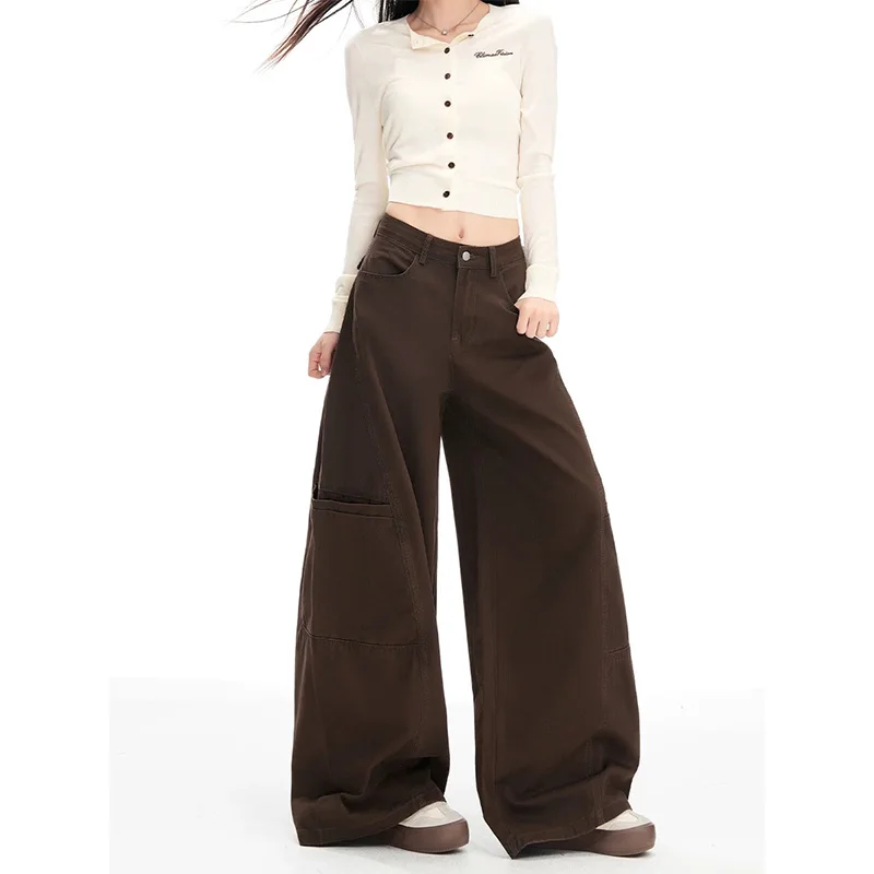 جينز واسع الساق للنساء بني قهوة فضفاض كسول ملابس العمل بنمط مريح #4