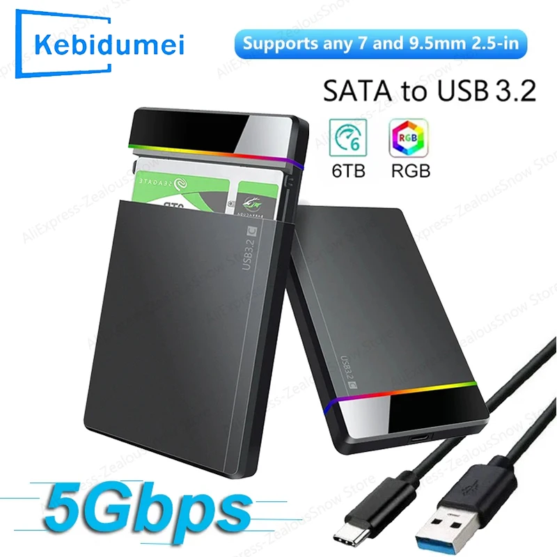

KEBIDUMEI 2,5-дюймовый внешний корпус для жесткого диска SSD/HDD, USB 3.2 5 Гбит/с, для ноутбуков, твердотельный, механический, Type-C, RGB, мобильный бокс для жесткого диска