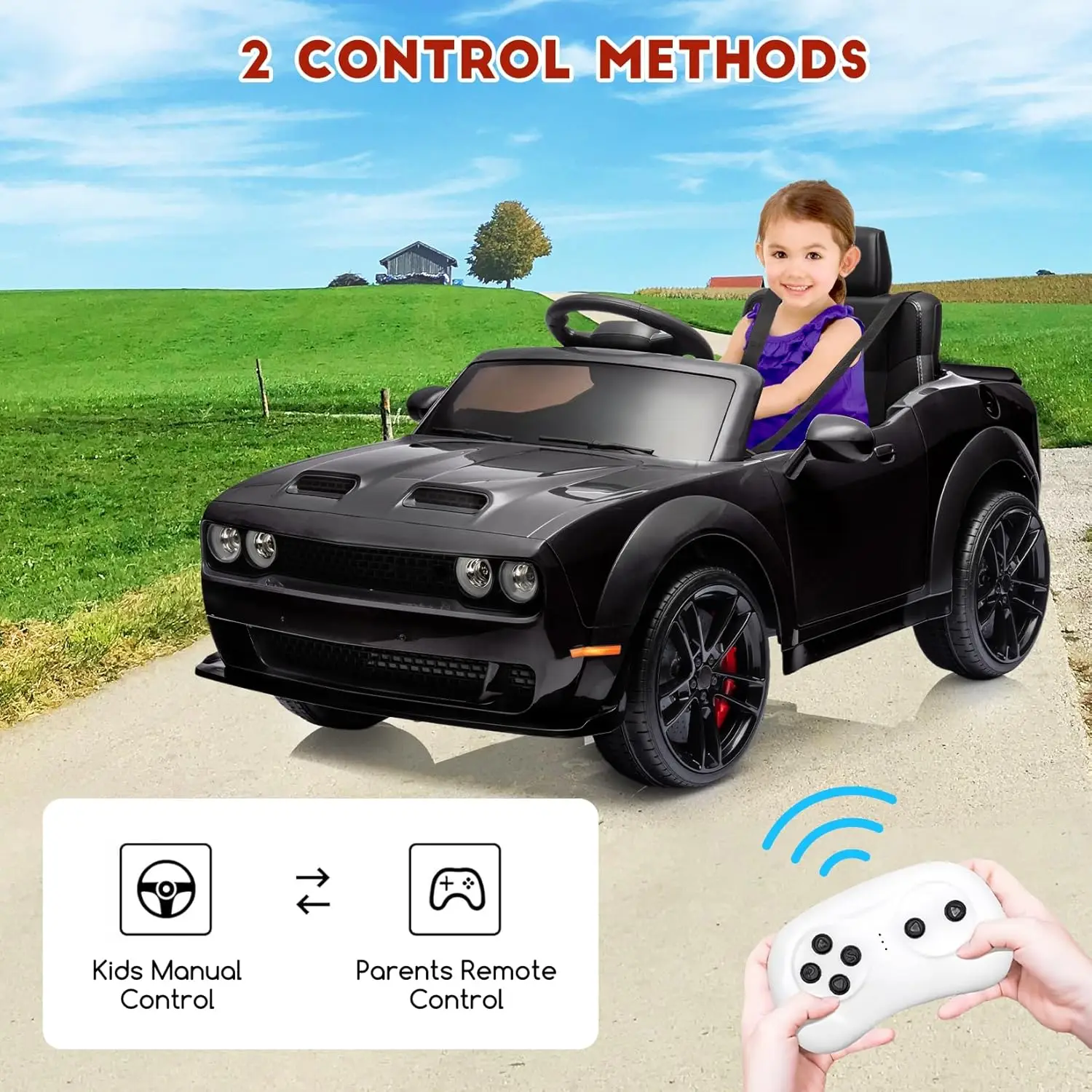 Power Wheels with Remote Control,Electric Car for Kids, 12v Battery-Powered Ride-on with 3 Speeds, LED Lights, Bluetooth,MP3