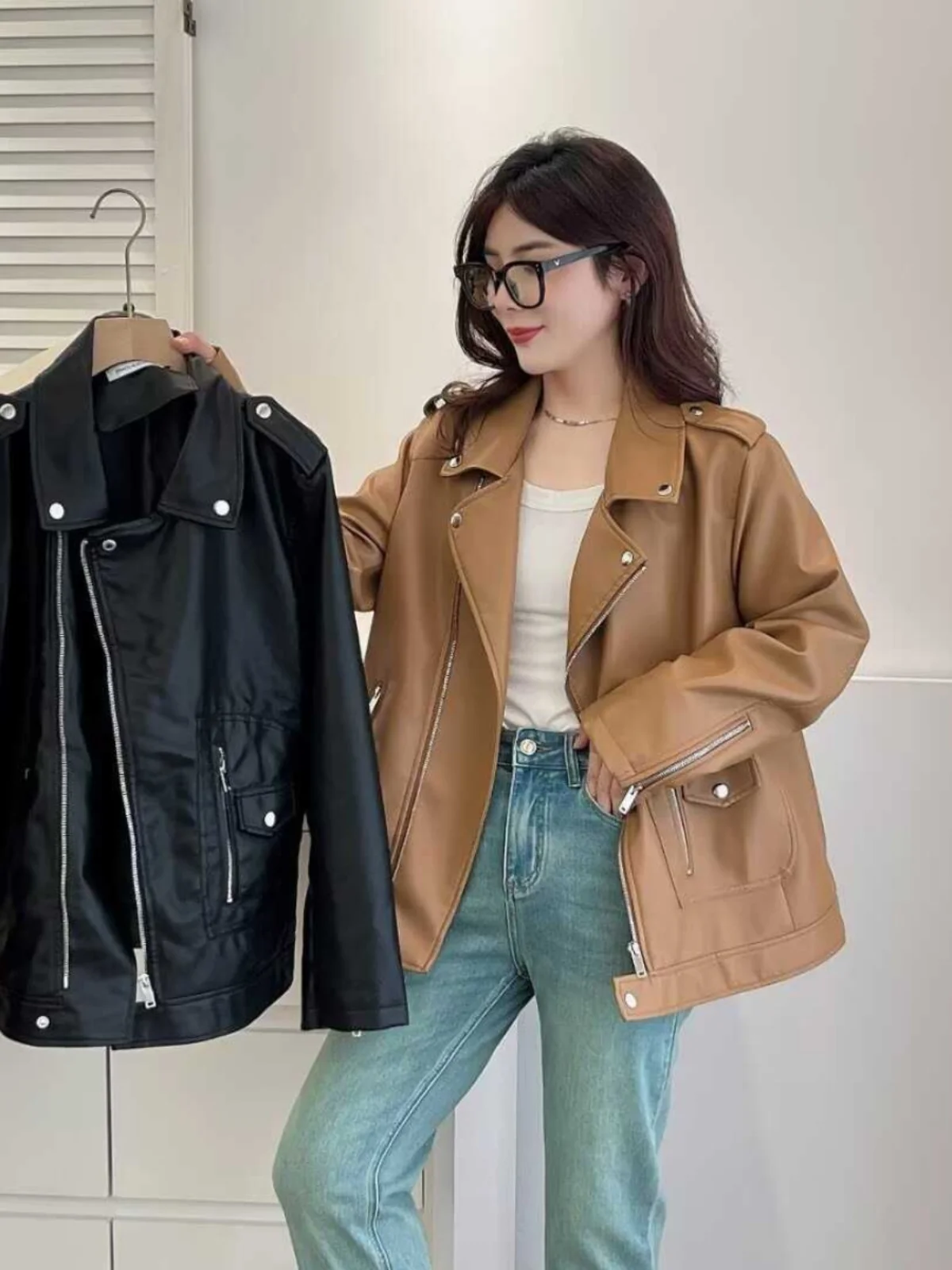 Spring Autumn Korean Style PU Leather Motorcycle Jacket Large Size Zipper Flip Collar Women's Outerwear Fashion Commute Style