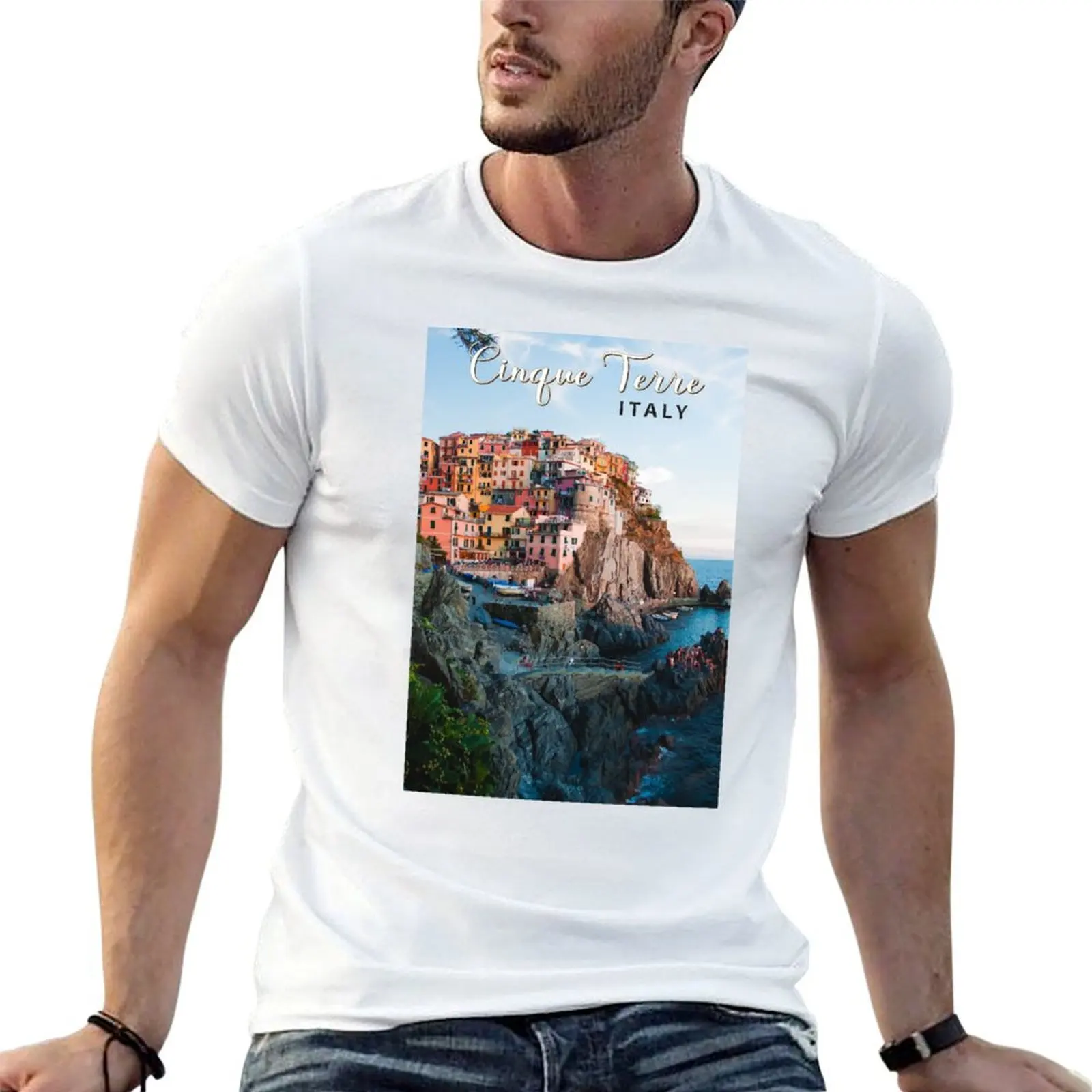 Cinque Terre إيطاليا المائية تي شيرت تقليدي تي شيرت مخصص طباعة رجل تي شيرت الصيف القطن التي شيرت 100% تي شيرت #1