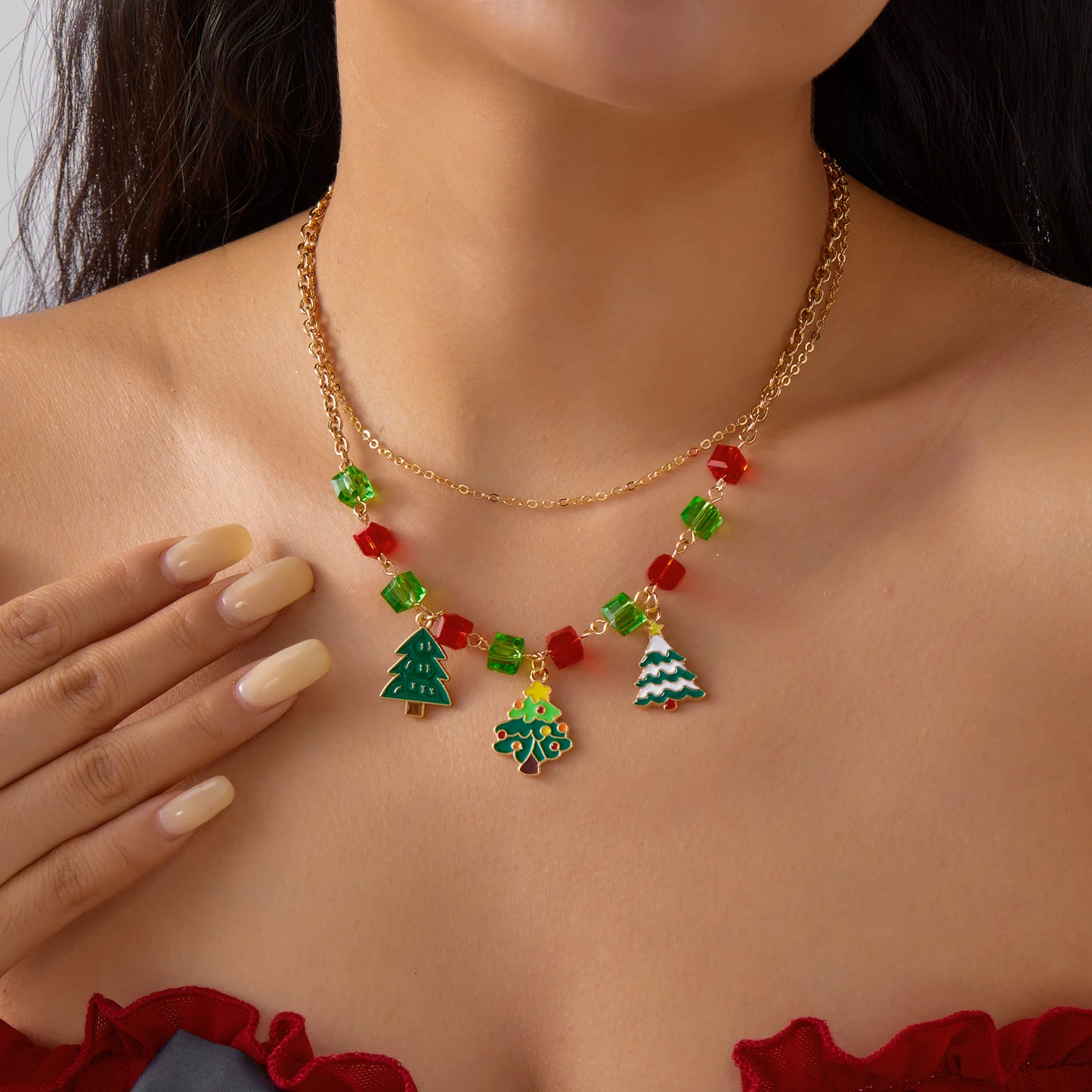 Modische Weihnachtsbaum-Perlenkette für Frauen Weihnachtsbaum Schneeflocke Schneemann Weihnachtsmann Elch Anhänger Choker Party-Schmuck