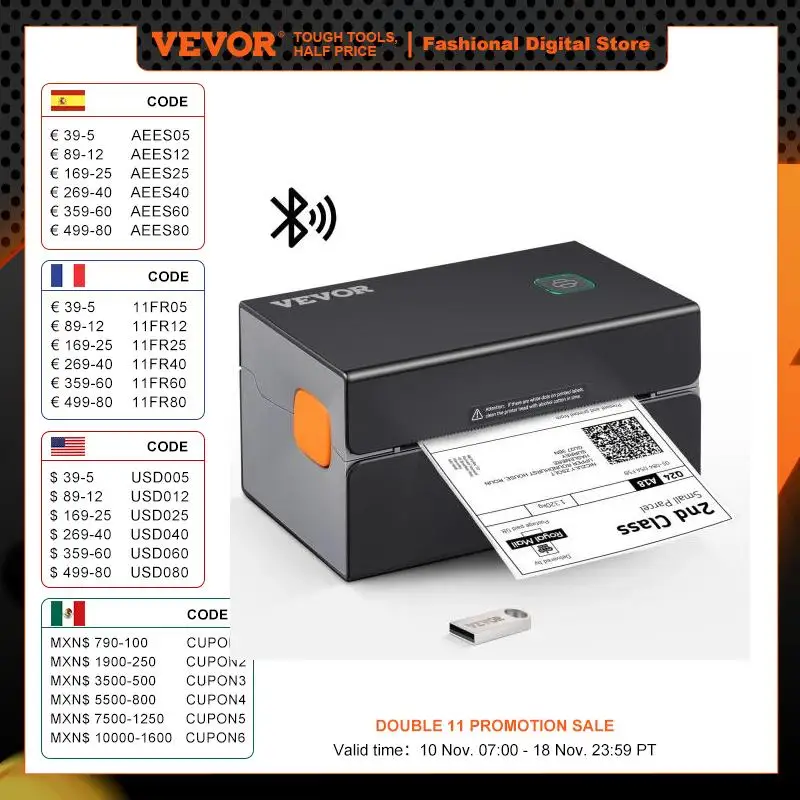 VEVOR Thermal Label Printer Portable Printer 300DPI for 4x6 Mailing Packages Printing w/ Bluetooth & Automatic Label Recognition