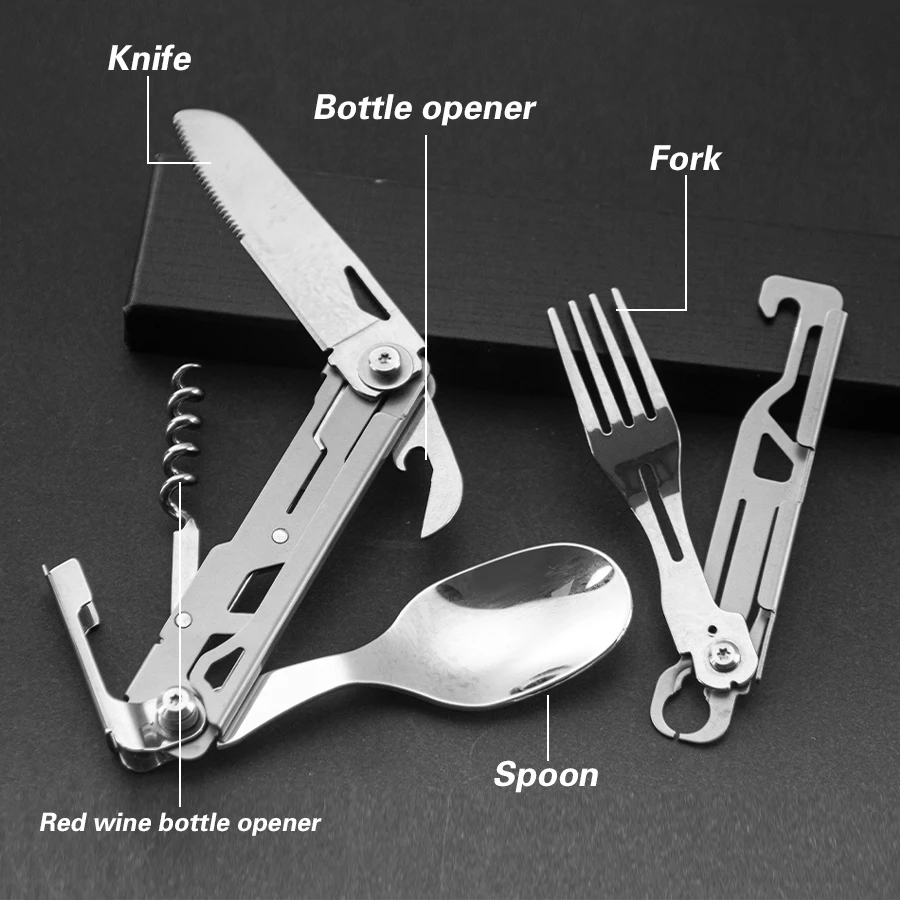 5 in 1 Multi Function Outdoor Knife Set with Spoon Fork and Wine Opener Detachable Design Perfect for Travel and Camping