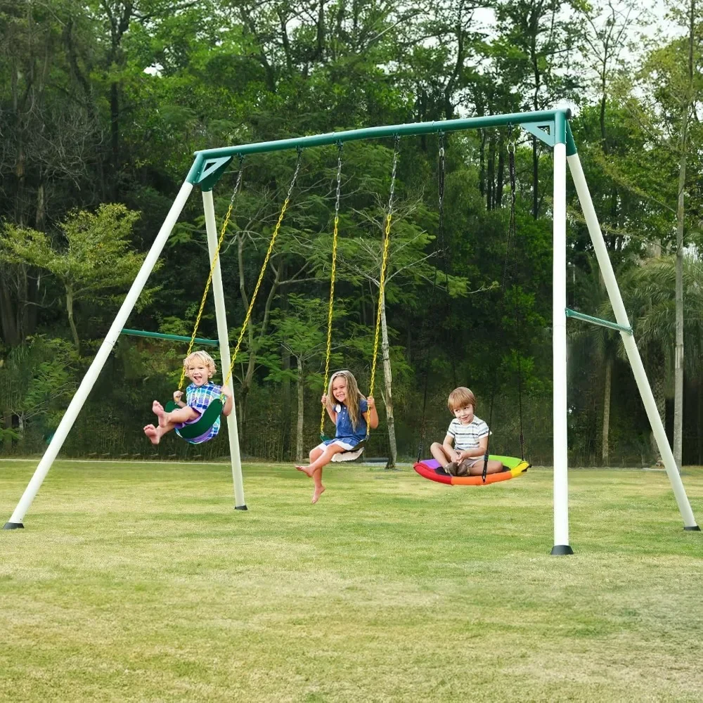 9.5' Heavy Duty Tall Swing Sets for Backyard for Kids and Adults with Saucer Swing, 2 Belt Swings Patio Swings Playhouses