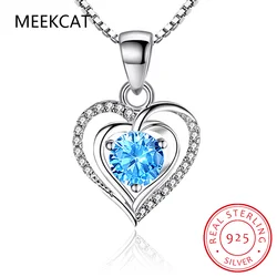 Genuine Natural Blue Topaz Heart Pendant Necklace 925 Sterling Silver Women Gemstone Statement Fine Jewelry Colar de Prata