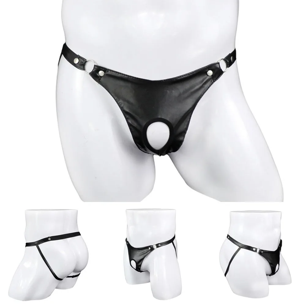 Gays Fashion Metal Ring Thongs Jock Strap Men Sexy Convex Pouch Underwear Low Rise Leather Underpants Jockstrap Erotic Lingerie