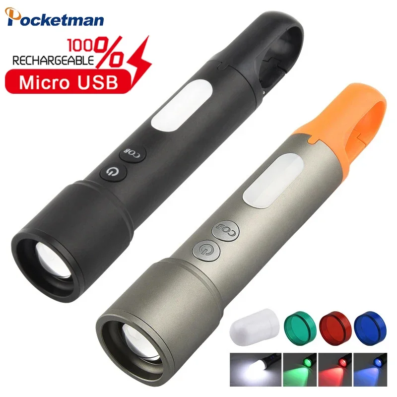 Portable LED Flashlight High Bright Zoomable Torch USB Rechargeable Hunting 18650 Lantern Waterproof Red+green+UV Camping Lamp