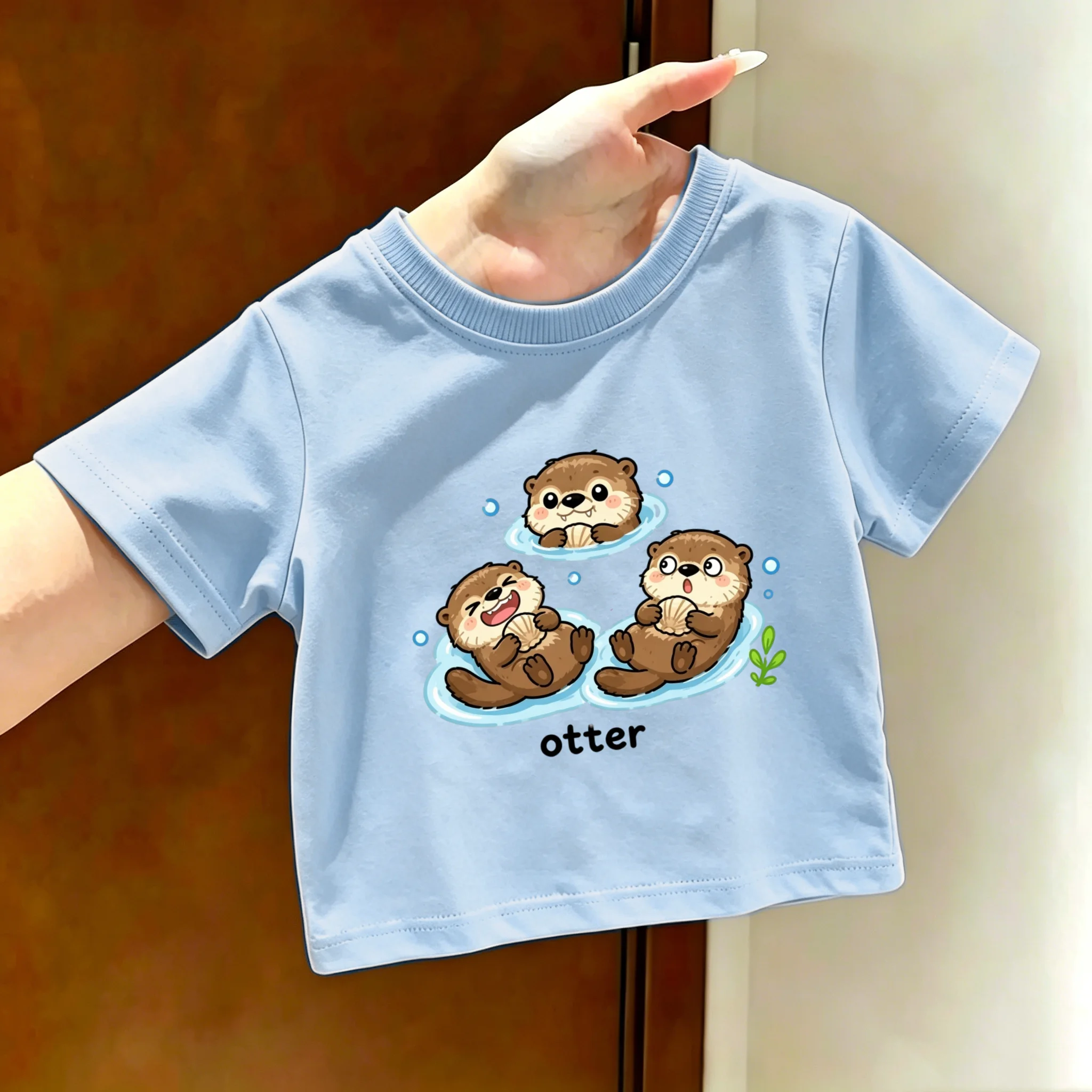 Otter Printed Summer Short Sleeved T-shirt, Summer Outfit, Smiling Face, Handsome Children's Bottom Shirt, Parent-child Outfit
