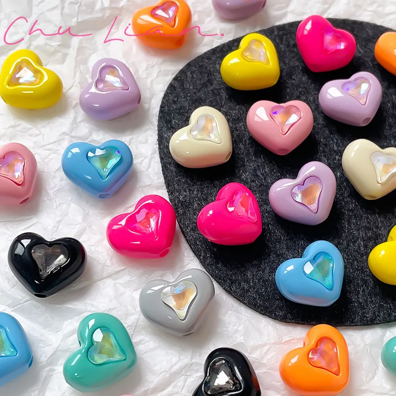 TX51 Candy Color Colored Zircon Heart Beads Acrylic DIY Bracelet Mobile Phone Chain Bead Accessories Handmade Materials Gift