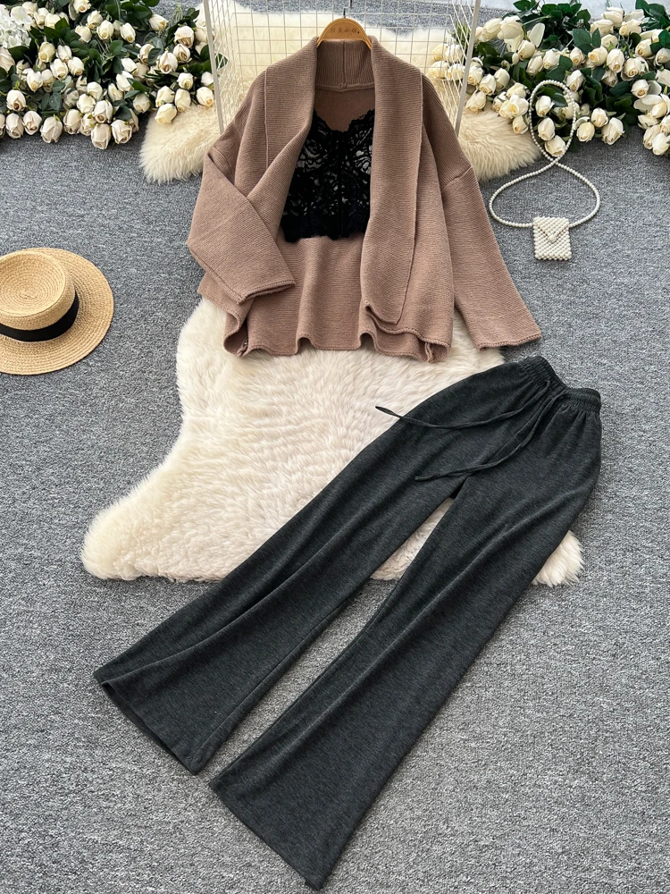 

Свободный вязаный жилет с кружевной отделкой, женская внутренняя одежда, повседневные длинные брюки с высокой талией, модный осенний наряд, нежный Ele Sle