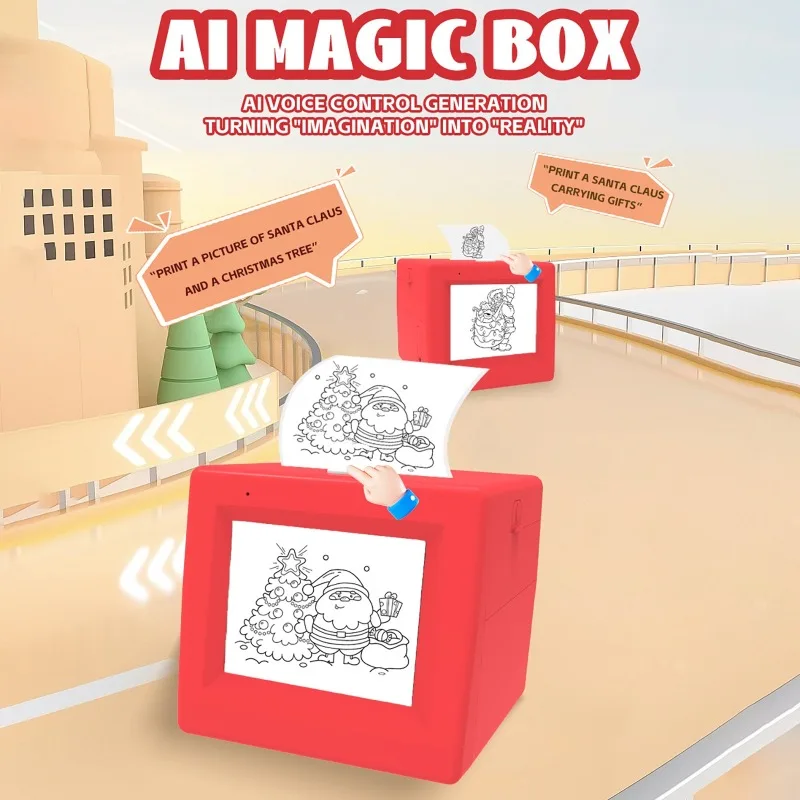 AI Voice Powered Sticker Maker HD Screen Portable Thermal Printer AI Magic Box Voice Control for Kids Drawing Printer WIFI