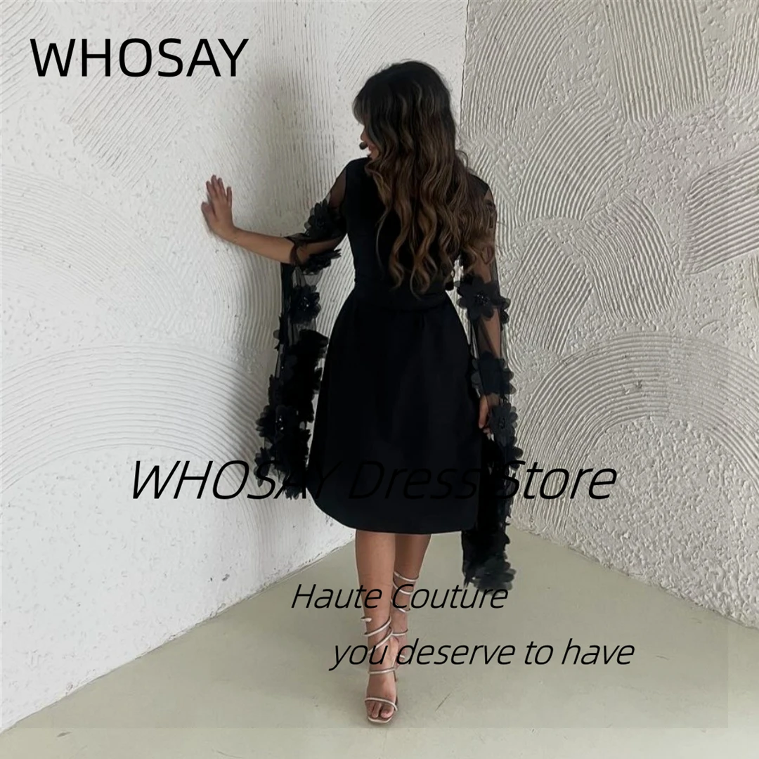 WHOSAY Black Short Prom Dresses for Saudi Women Square Neck Flowers Long Sleeves Robe Des Cocktail Party Holiday Banquet Evening