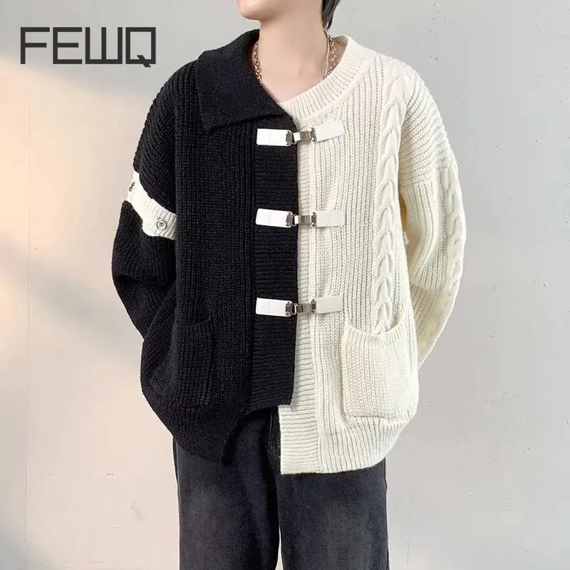 

FEWQ Niche Design Men's Cardigan Patchwork Irregular Hem Metal Button Contrast Color Loose Male Sweater Fashion Autumn 24E2307