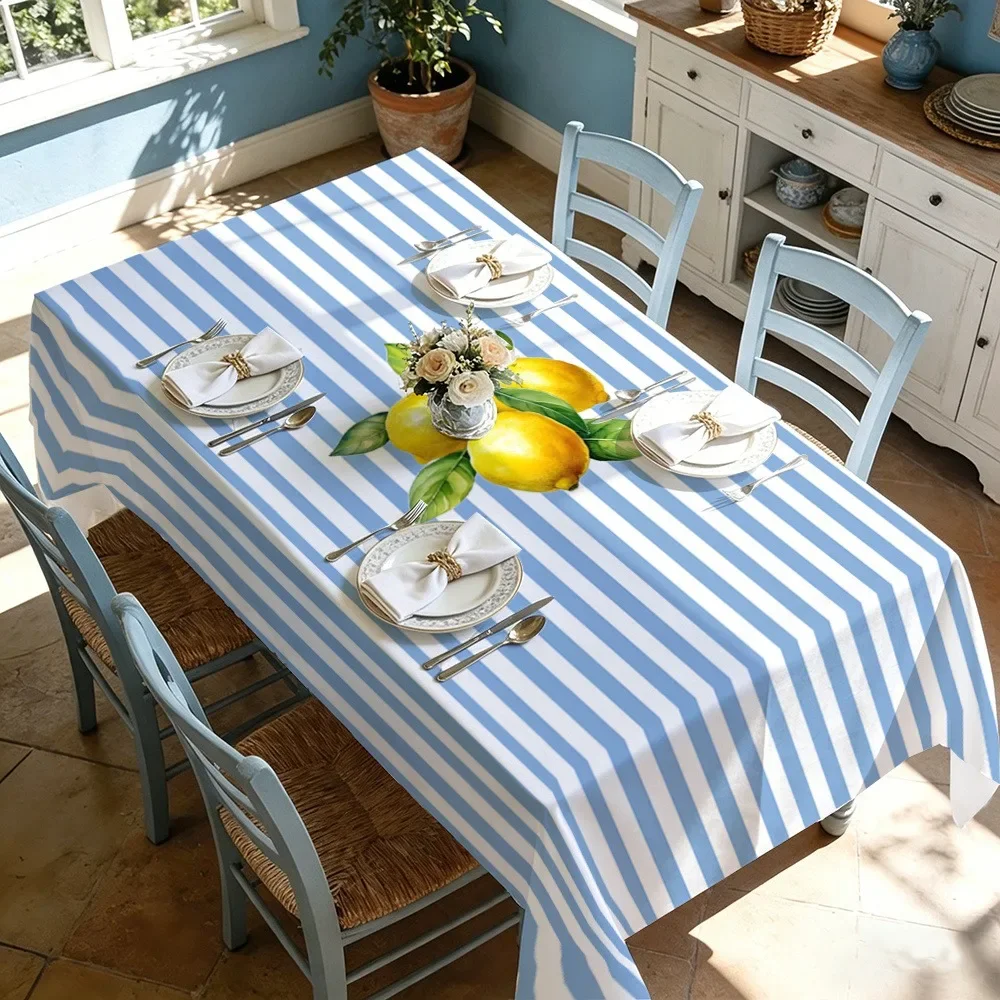 1PC - Single-sided Printing. Summer Blue and White Striped Lemon Print Tablecloth. Mediterranean Stylexzj