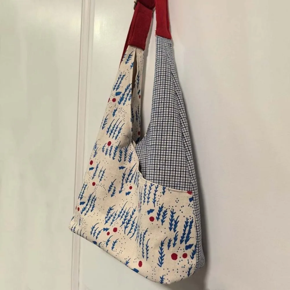 Large Capacity Canvas Tote Bag Magnetic Buckle Eco Cloth Triangle Hobo Handbag Plaid Contrast Color Patchwork Crossbody Bag