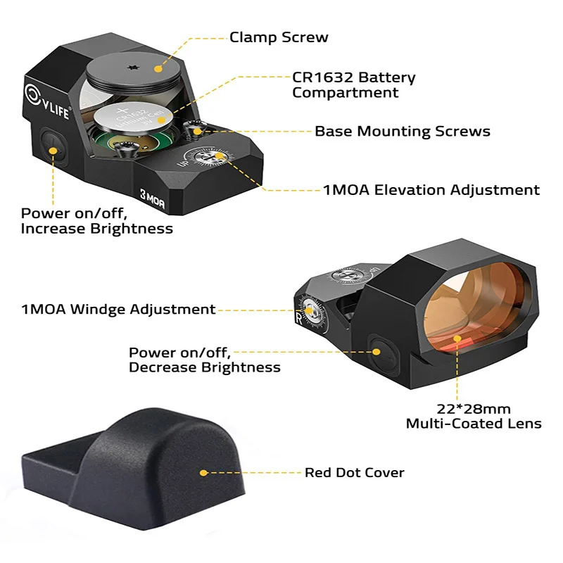 Motion Awake Green Dot Sight 28mm Large Lens 3MOA Open Reflex Sight for RMR with Adapter Plate for MOS and 21mm Picatinny Base view 3