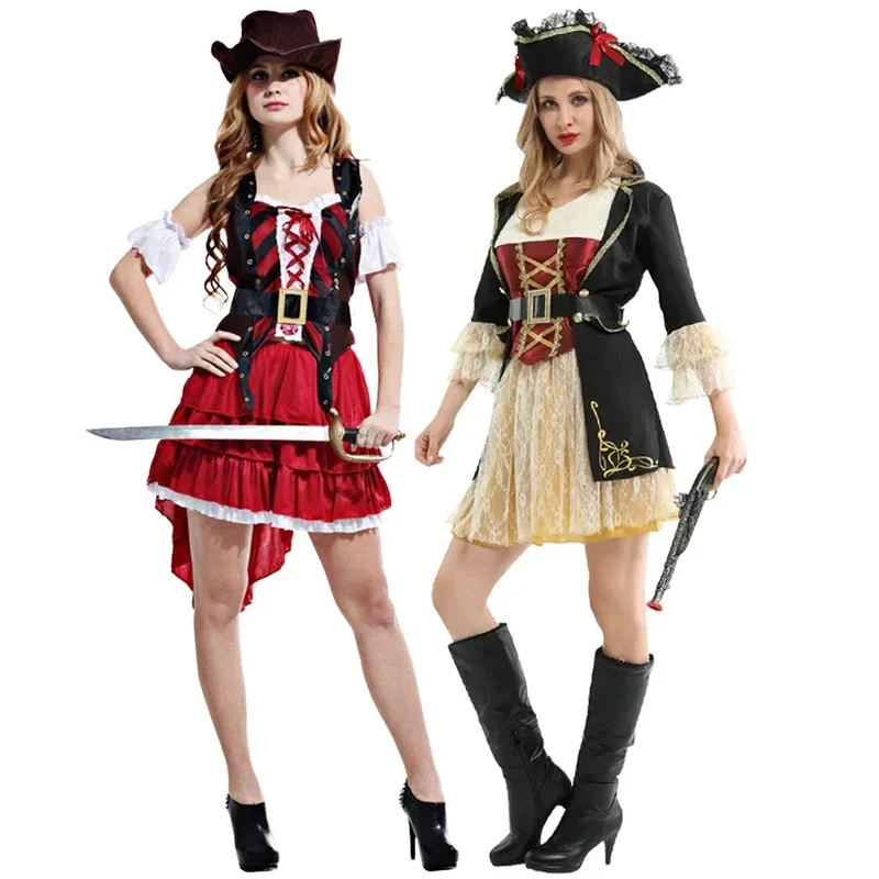 Female Caribbean Pirates Captain Costume Halloween Role Playing Cosplay Suit Gothic Fancy Woman Dress