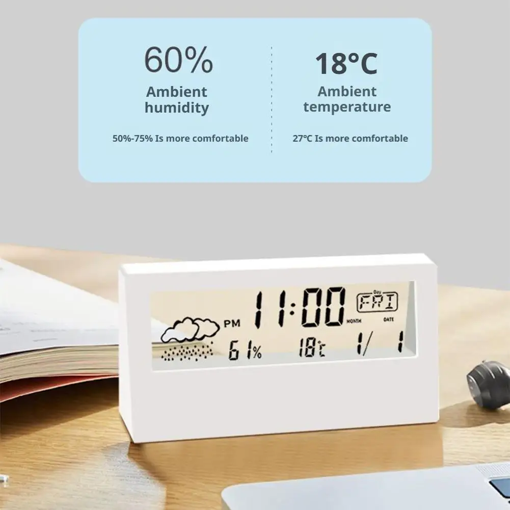 Creative Desktop Electronic Alarm Clock Weather Temperature Humidity Display Soft Glow Night Light Watch for Student Office