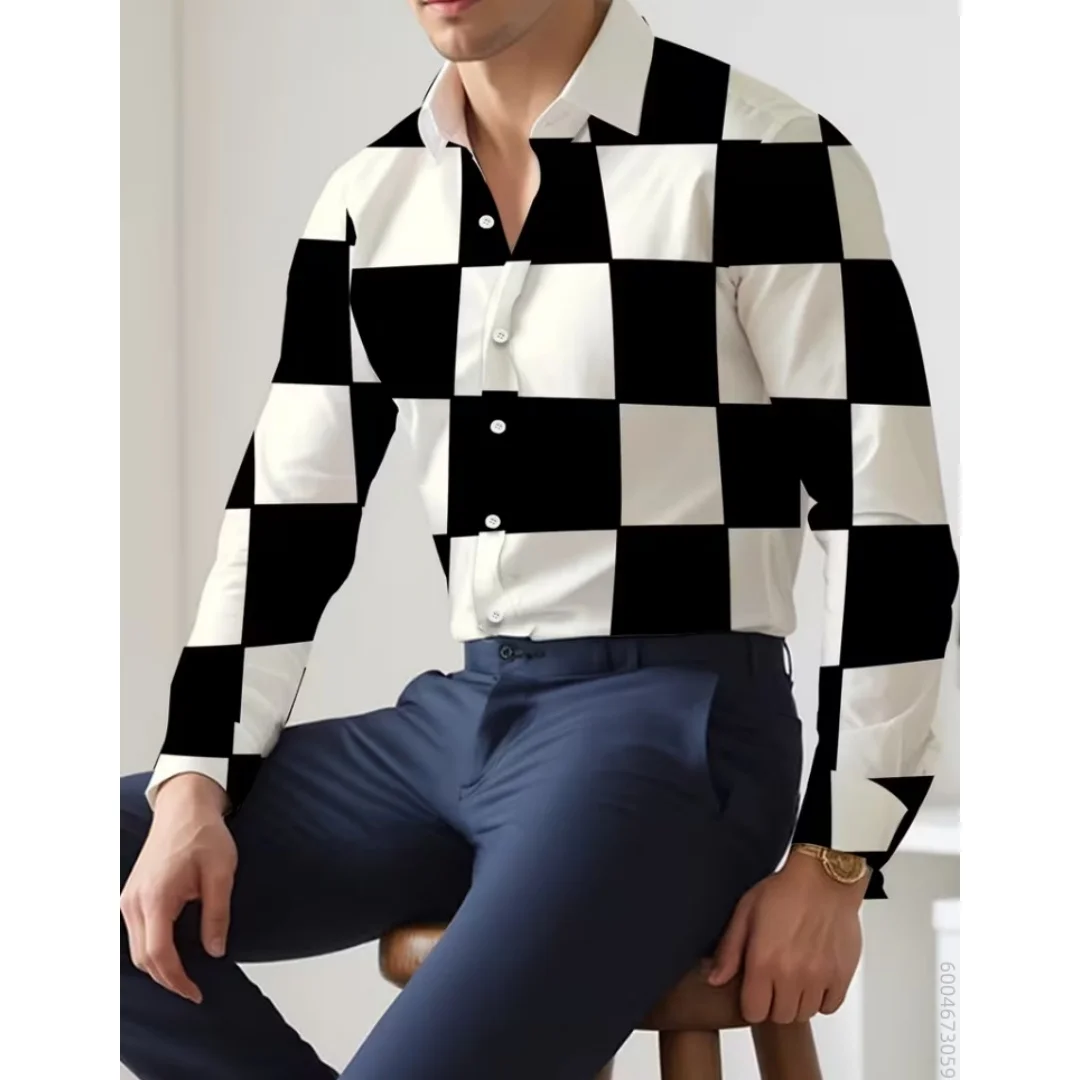 Autumn Men's Long Sleeved Shirt Button Polyester Men's Business Casual T-shirt Home Striped Print Shirts men's Y2K Clothing tops