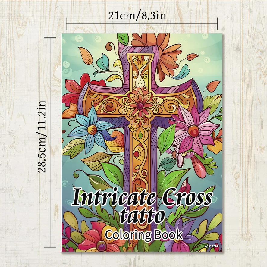 Intricate Cross Tattoo Coloring Book - 8.3×11.2 Inches, 22 Pages. Great for Detailed Relaxation, Stress - Relieving