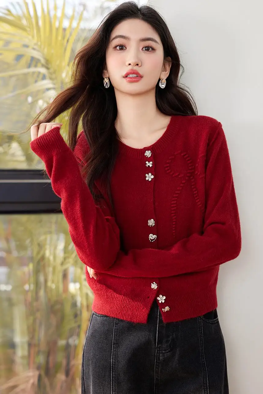 New Christmas New Year Red Knitted Sweater Coat High Quality Winter Women Round Collar Diamonds Single Breasted Cardigan Tops