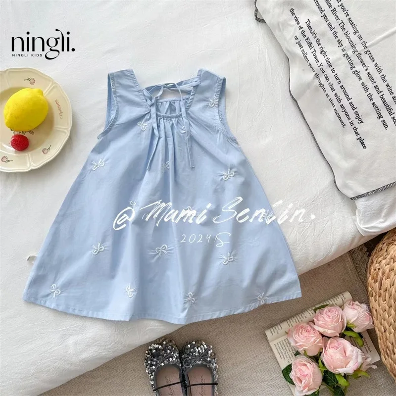 Girls Dress Summer New Sleeveless Sleeveless Design Sense Solid Vest Casual Simple Fashion Loose Sweet Korean Active Vintage