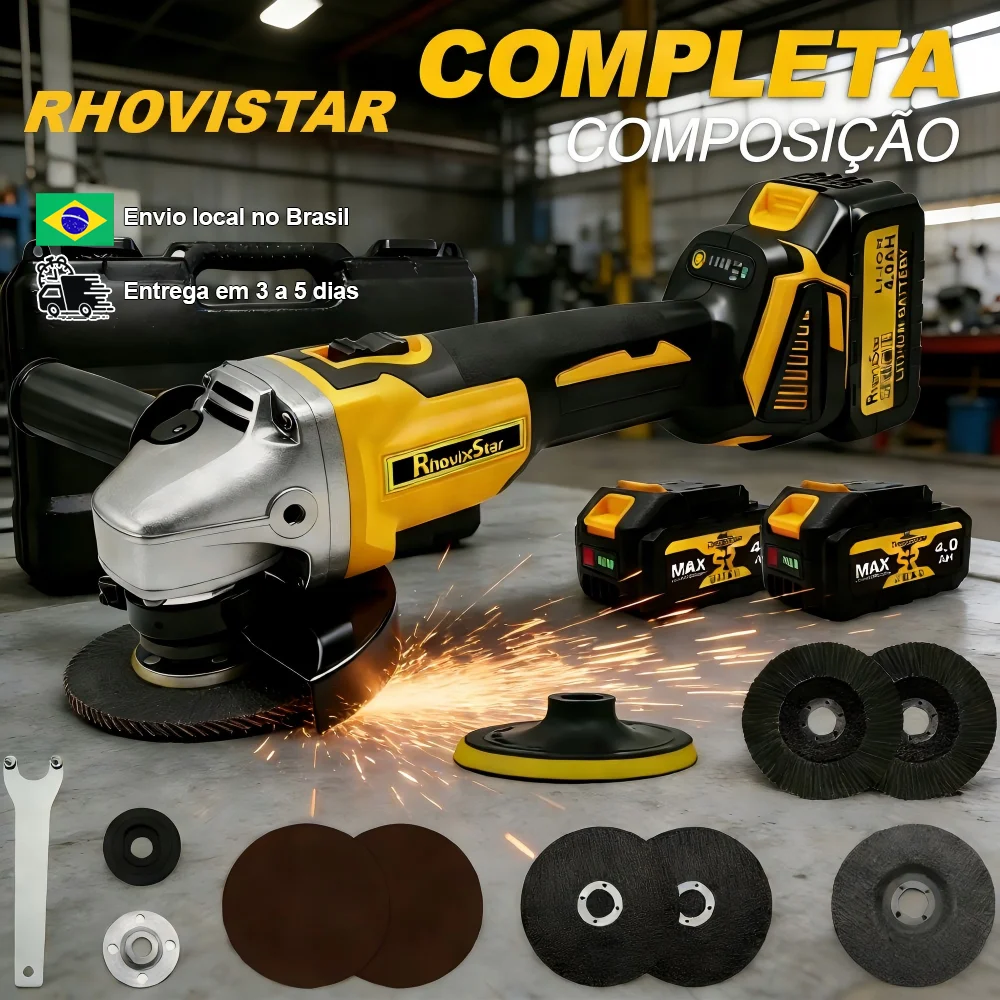 Esmerilhadeira Angular Rhovistar 20V 1400W com 2 Baterias 4.0Ah, Carregamento Rápido, Kit Completo com Discos e Maleta de Transporte