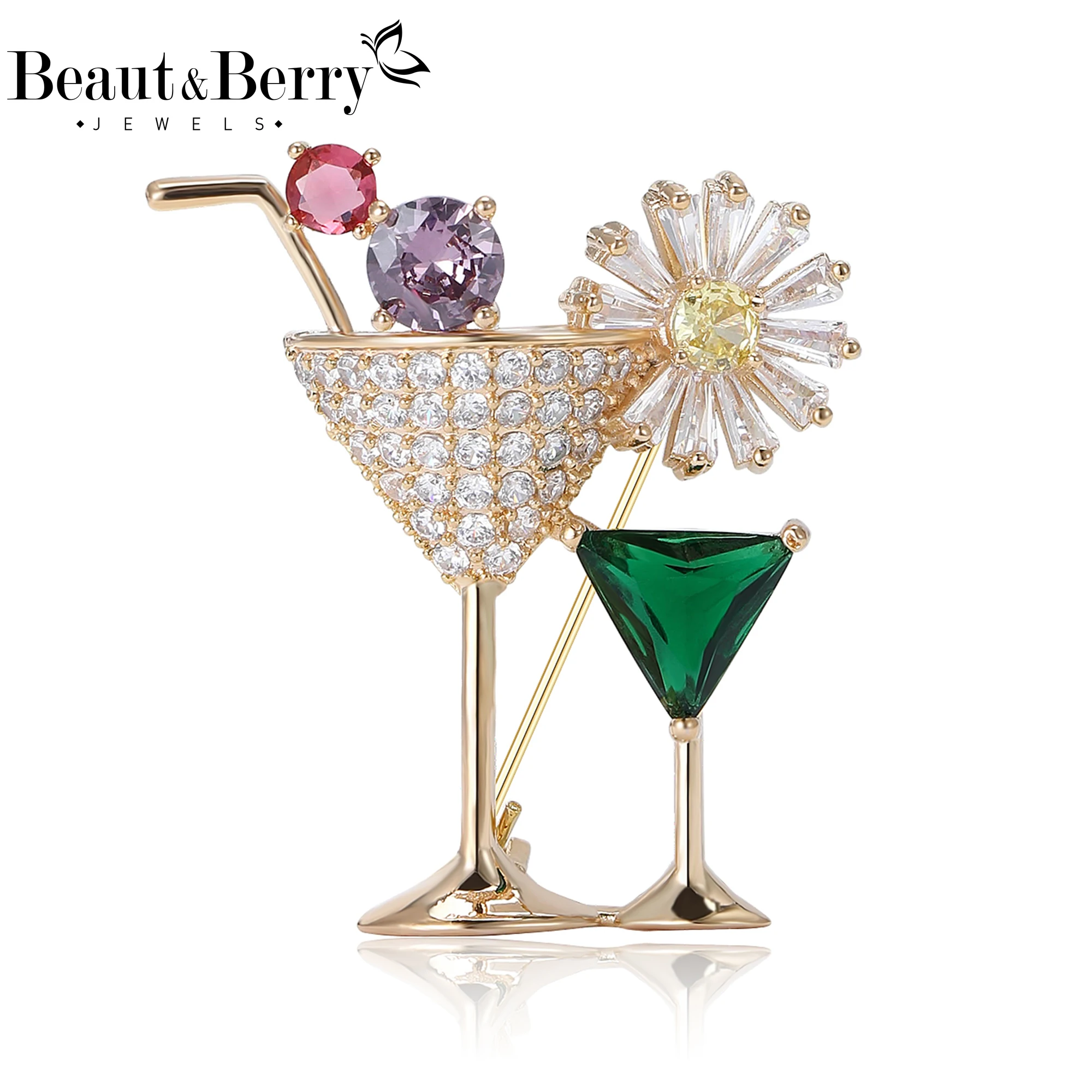 

Beaut&Berry Plated 14k Gold Copper Zirconia Wine Glass Brooches for Women Fine Pins Friends Party Gifts Jewellery Accessories