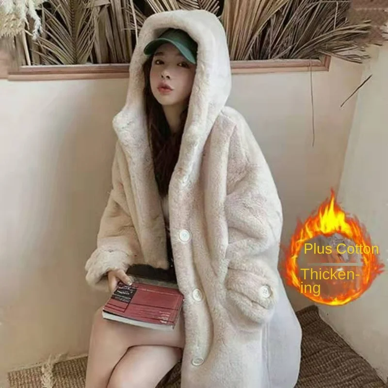 Winter Mink Fur Hooded Mid-length New and Cotton Thickened Imitation Fur for Women Mink Fur Plus Size Loose Coat Comfortable