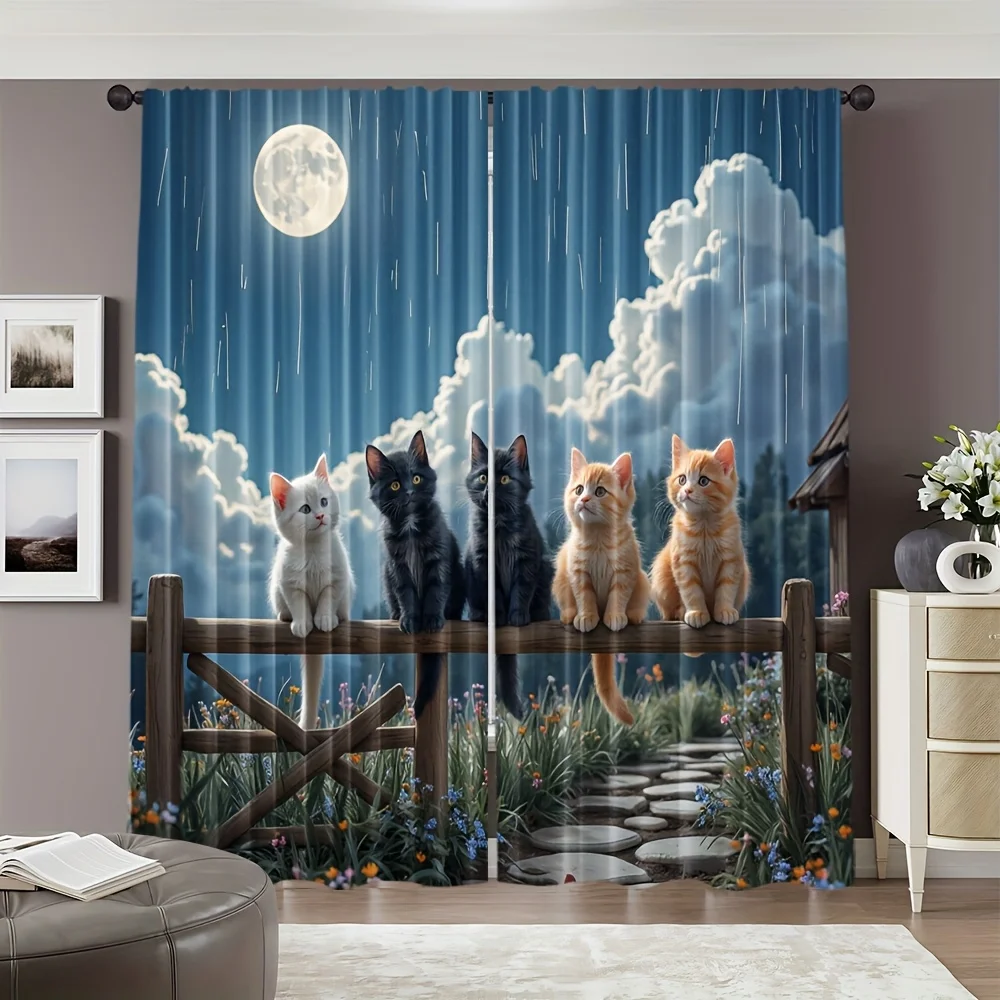 2 Panels Cute Cats on Fence Under Full Moon Night Sky Curtains Moonlit Clouds Decorative for Bedroom Living Room Home Decor
