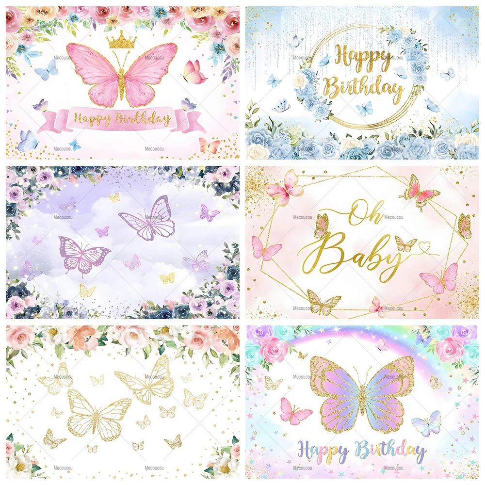 Flowers Butterfly Children Birthday Party Photographic Backdrop Custom Baby Shower Pink Decoration Background Photo Studio Props