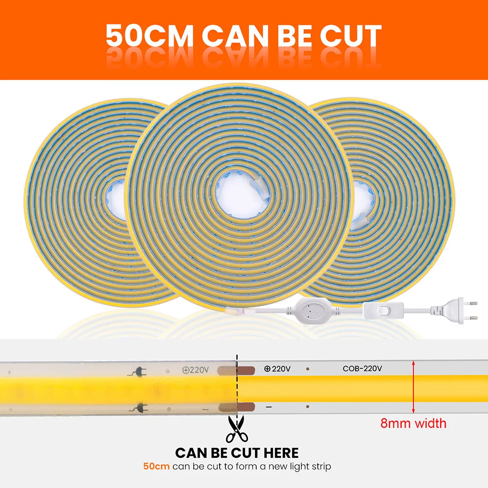 220V Switch LED COB Strip Light Waterproof IP65 Flexible Tape with Power 288 LEDs High Density Linear Lighting 5m 10m 50m 100m 